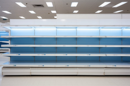 Empty shelves in a supermarket, shallow depth of field, focus on foregroundの素材