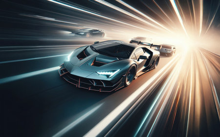 Sport car ride on night of city lighting background.の素材