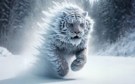 Tiger running in snow. Beautiful, dynamic and powerful photo of this majestic animal. Set in environment typical for this amazing animal.の素材