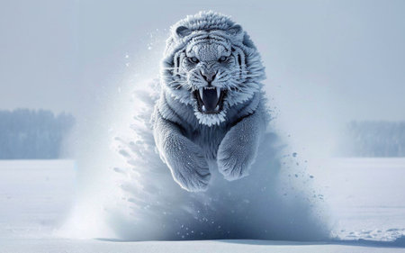 Tiger running in snow. Beautiful, dynamic and powerful photo of this majestic animal. Set in environment typical for this amazing animal.の素材