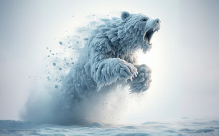 Magnificent brown bear on the run jumped out of the snow.の素材