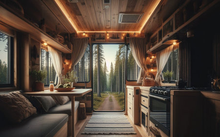 Interior of camper RV motorhome, window in camper van, relax and enjoy green forest. Freedom, travel concept.の素材