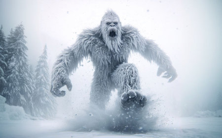 Angry bigfoot sasquatch run through the snowy field.の素材