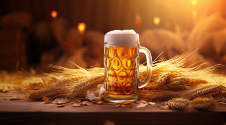 Mug of beer on the table with ears of wheat and grainsの素材