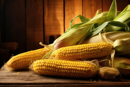 Fresh corn on the cob on a wooden background. Selective focus.の素材