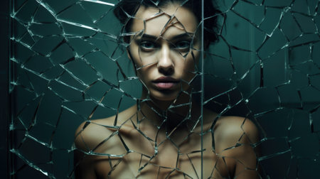 Woman looking through broken glass. Close up image. Calm woman face with opened eyes behind the texture of a broken glass.の素材