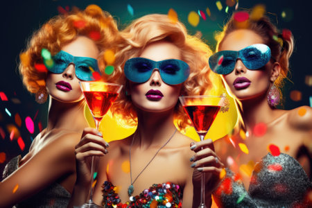 Holiday Celebration Party. Three Women Clinking Glasses With Sparkling Wine, Celebrating Special Event Wearing Sunglasses Standing Over Sparkle Studio Background.の素材