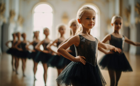 Cute little ballerinas in black tutu and pointe shoes posing in ballet hallの素材