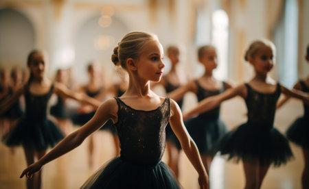 Beautiful young ballerina in black tutu dancing in classの素材
