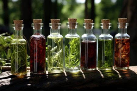 Herbs in bottles on wooden table in garden, close-upの素材