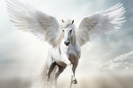 White horse with wings in the sky. Beautiful white horse with long maneの素材