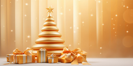 Golden christmas tree with gift boxes on light background 3D renderingの素材