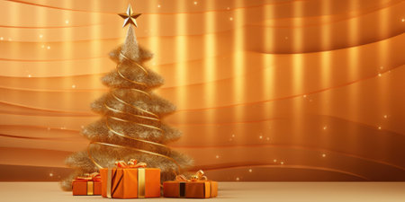Christmas tree with gift boxes on orange background. 3D illustration.の素材