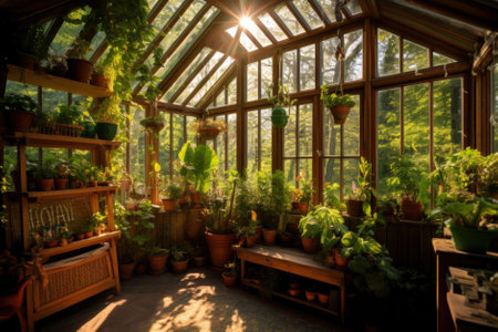 Plants in pots inside a greenhouse with sunlight shining through the windowの素材