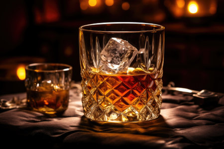 Whiskey with ice in a glass on a dark background.の素材