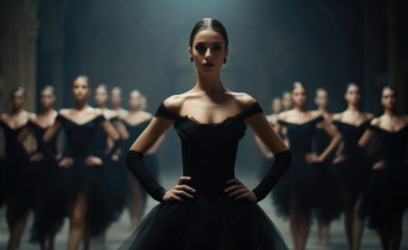 Women in ballet dance collaboration, art school team performance and dancing in class studio. Young professional dancer or group of creative students dancing together.の素材