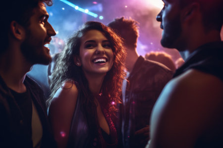 Dance, night and disco with woman at party for club, celebration and energy. Concert, music and rave with girl dancing in crowd for new year, freedom and entertainment at dj festival event.の素材