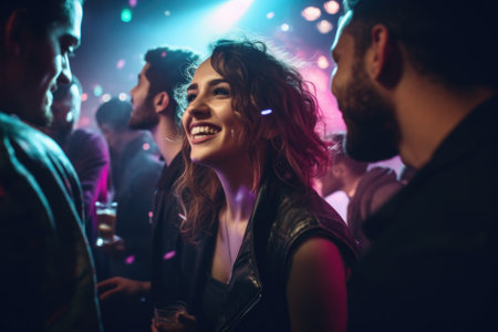 Dance, night and disco with woman at party for club, celebration and energy. Concert, music and rave with girl dancing in crowd for new year, freedom and entertainment at dj festival event.の素材