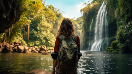 Young happy woman in tourist camp enjoying fresh water waterfall traveling rainforest. Nature day tour, hiking activity adventure and fun on family summer vacation.の素材