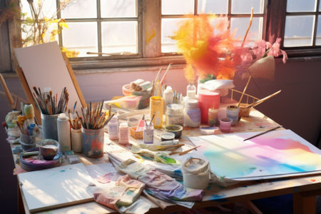 Unique artist workspace interior with wooden easel, bookcase, artworks, painting accessories, decoration and elegant personal stuff. Modern work room for artist.の素材