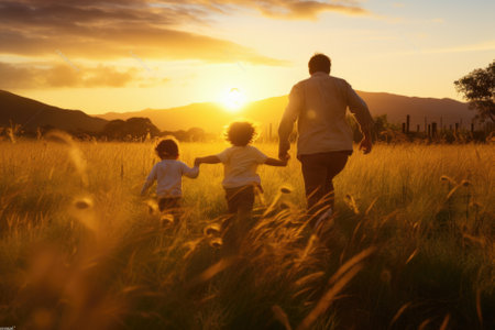 Happy family with two children holding hands of each other and running through wheat field at sunset.の素材