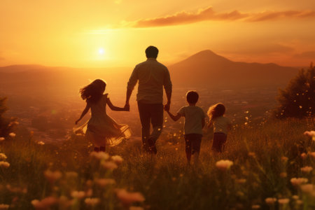 Happy family with two children holding hands of each other and running through wheat field at sunset.の素材