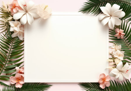 Blank paper card mockup with frame made of flowers. Festive floral composition with copy space on a pastel background.の素材
