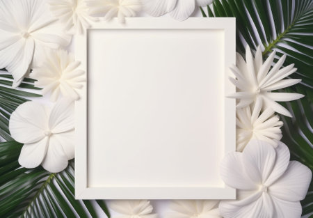 Blank paper card mockup with frame made of flowers. Festive floral composition with copy space on a pastel background.の素材