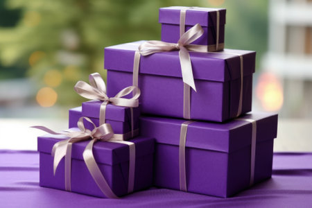 Pile of purple christmas presents stacked.の素材