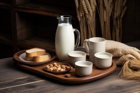 A jug of milk and glass of milk on a wooden table.の素材