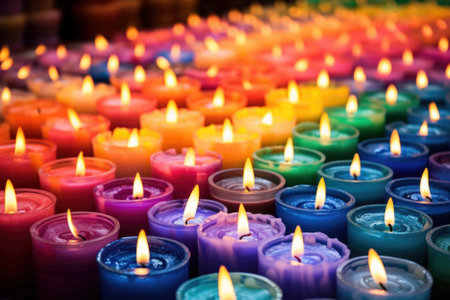 Colorful wax candles in church, close-up, shallow depth of fieldの素材