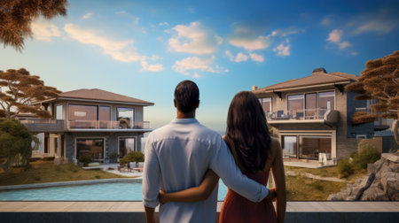 Rear view of young couple looking at their new house against blue skyの素材