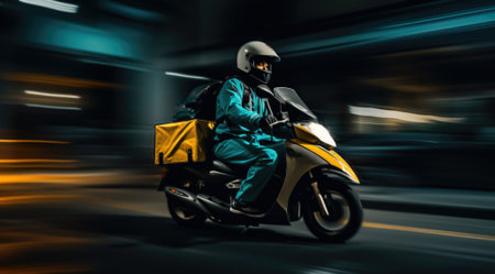 Motorcycle courier with a yellow box on the background of the night cityの素材