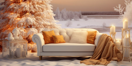 3d illustration of winter landscape with christmas tree and sofa.の素材