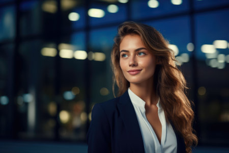 Close-up female serious face headshot portrait outdoors caucasian middle aged business woman boss blonde short haired lady wears formal shirt calm looking at camera standing posing on streetの素材