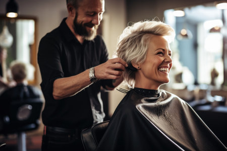 Young female hairdresser fixing hair of gorgeous smiling woman with hairspray. Hairdress and beauty concept.の素材