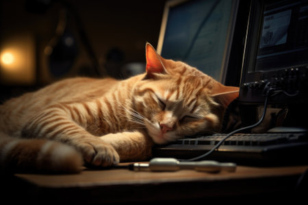 Cute ginger cat sleeping on the table with computer in dark roomの素材