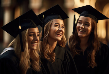 education, graduation and people concept - group of happy students in mortar boards and bachelor gownsの素材