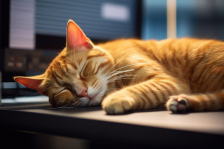 Cute ginger cat sleeping on the table. Shallow depth of field.の素材