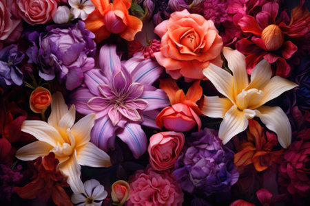 Colorful artificial flowers background. Top view. Floral background.の素材