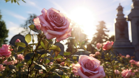 Beautiful pink roses on a background of blue sky and sun.の素材