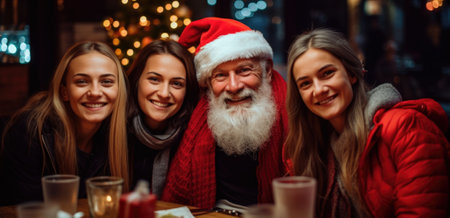 Group Of Friends Enjoying Christmas Drinks In Bar with Santa.の素材