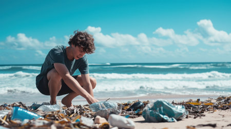 Male volunteer squats and picks up plastic bottles on the ocean shore. Copy space. Cleaning of the coastal zone.の素材