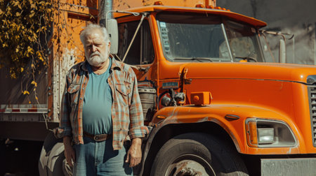 Senior truck driver near his truck. Professional concept.の素材