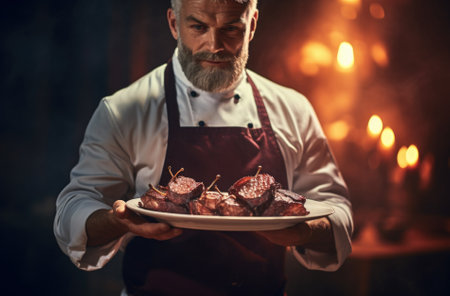 Portrait of a senior male chef holding a plate with salamiの素材