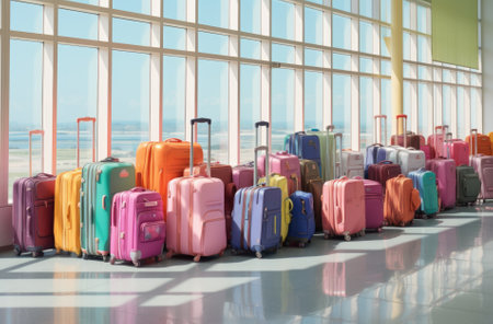 Colorful luggage in the airport terminal. Travel concept. 3D Renderingの素材