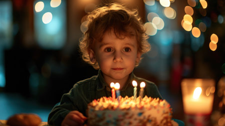 Adorable happy blond little kid boy celebrating his birthday. Child blowing candles on homemade baked cake, indoor. Birthday party for school children, family celebration.の素材