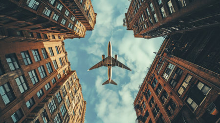 Airplane flying on business skyscrapers of financial center. Travel, economy, cargo, transportation concept.の素材