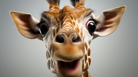 Close-up portrait of a cute giraffe on grey background.の素材
