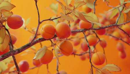 Ripe apricots. many apricot fruits on a tree on orange background. Organic fruits. Healthy food.の素材